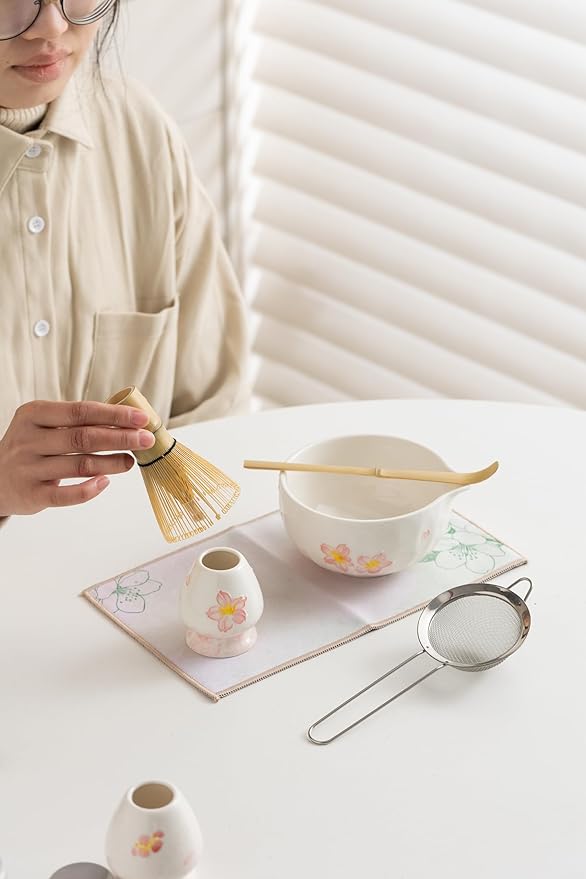 Matcha Tea Set with Sakura Ceramic Bowl, Fine Mesh Strainer and Bamboo Scoop, Japanese Style Matcha Accessories for Home Tea Ceremony.