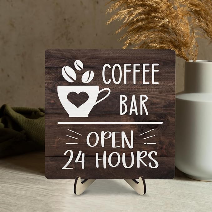 Coffee Bar Sign Plaque Decor, Vintage Farmhouse Kitchen Counter Sign for Coffee Station Kitchen Office,Cafe Bar Accessories, Open 24 Hours Mini Bar Decor(Brown4, 5.9x5.9inches)