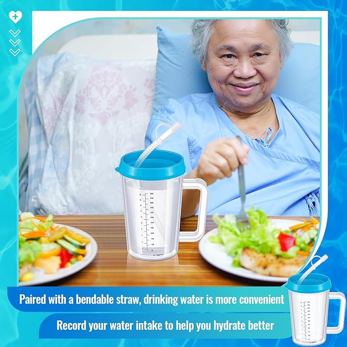 4 Pcs 20 oz Hospital Water Cup with Straw and Lid Insulated Double Walled Elderly Water Bottle Hospital Carafe Mug with Handle Graduated Plastic Drinking Sippy Cup for Adult(Blue)
