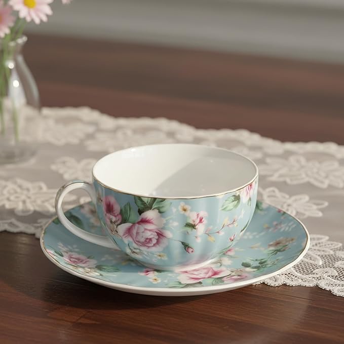 BTaT- Floral Tea Cups and Saucers, Set of 6, 7 oz, Fine Porcelain Teacup Set with Gold Trim for Afternoon Tea, Weddings, Parties & Gifting, Dishwasher Safe and Freezer Safe