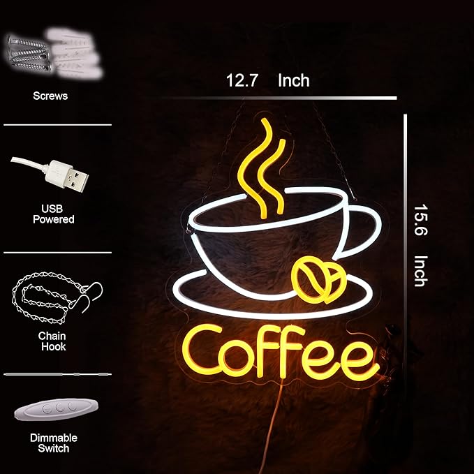 Coffee Neon Sign Coffee LED Sign for Wall Decoration Cafe Restaurant Living Room Party Decoration Gift for Friends (12.7 * 15.6 inches)