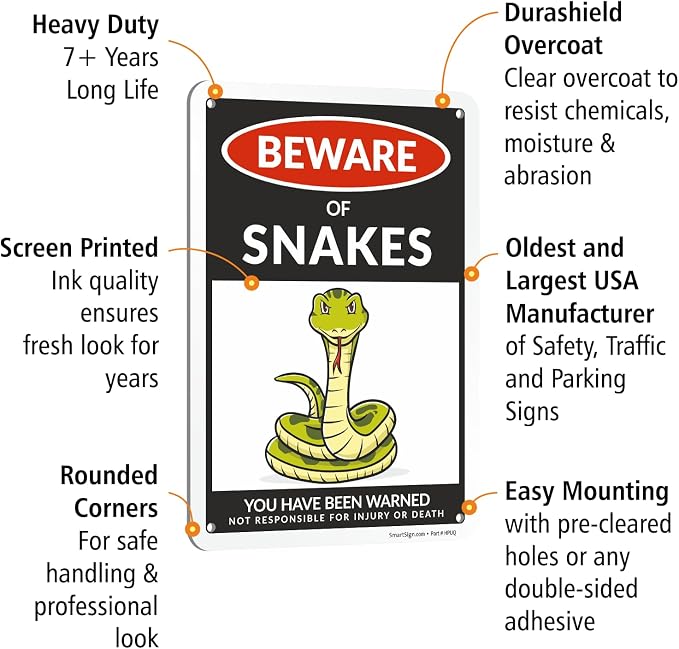 SmartSign Beware Of Snakes Warning Sign - 10"x7", 40 mil Laminated Rust-free Aluminum, Metal Signs for Snake Cave Cage Habitat Decor, Tank Accessories, Outdoors, Gifts - Funny Snakes Theme, USA-Made - Image 4