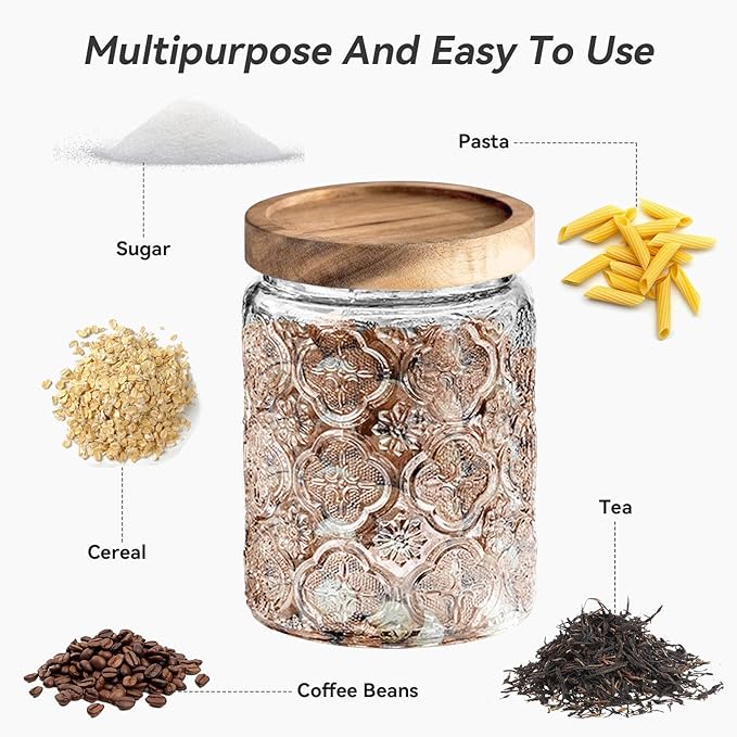 Glass Jar with Lid, Vintage Glass Storage Jars with Airtight Lid Coffee Canister Sugar Container for Kitchen Counter Pantry, Flour, Candy, Tea, Coffee Beans, Oats (Begonia Round*2)