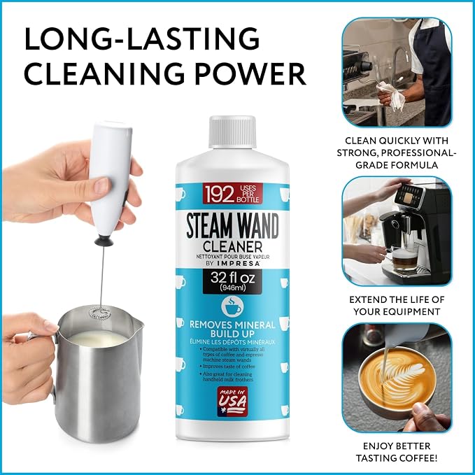 IMPRESA 32 oz Steam Wand Cleaner, Removes Mineral Buildup and Milk Protein Residue in Steam Wands, Milk Frothers, and Stainless-Steel Pitchers, Up to 192 Uses, Barista Cleaning Tool - Image 5