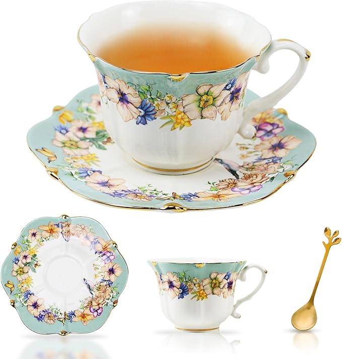 Country Roses Porcelain Tea Cup and Saucer Set with Gold Trim, Vintage Style, For Women and Tea Parties (1, Light Cyan)