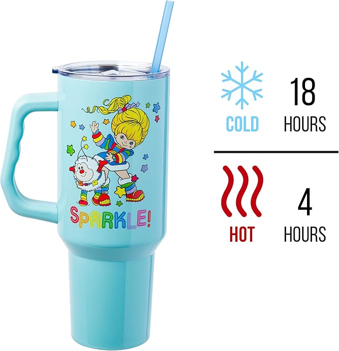 Silver Buffalo Rainbow Brite and Twink Sparkle Double Walled Stainless Steel Tumbler with Handle and Straw, Fits in Standard Cup Holder, 40 Ounces