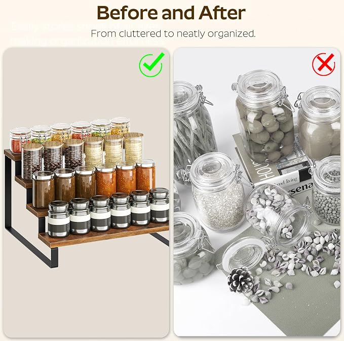 YATINEY Spice Rack, 4 Tier Wooden Display Riser Stand, Kitchen Storage Organizer for Spices, Versatile Display Shelf, Space Saving, for Kitchen Countertop and Cabinet, Rustic Brown SR04L2BR - Image 4