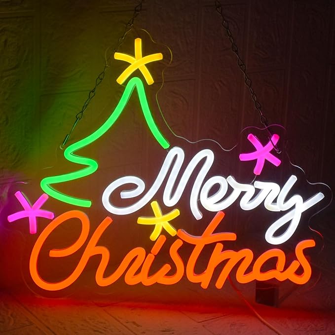 Merry Christmas Neon Sign for Wall Decor, Christmas Tree Neon Light USB Dimmable Colorful Neon Signs for for Bedroom, Home Bar, Party Decorations Teens Family Gifts