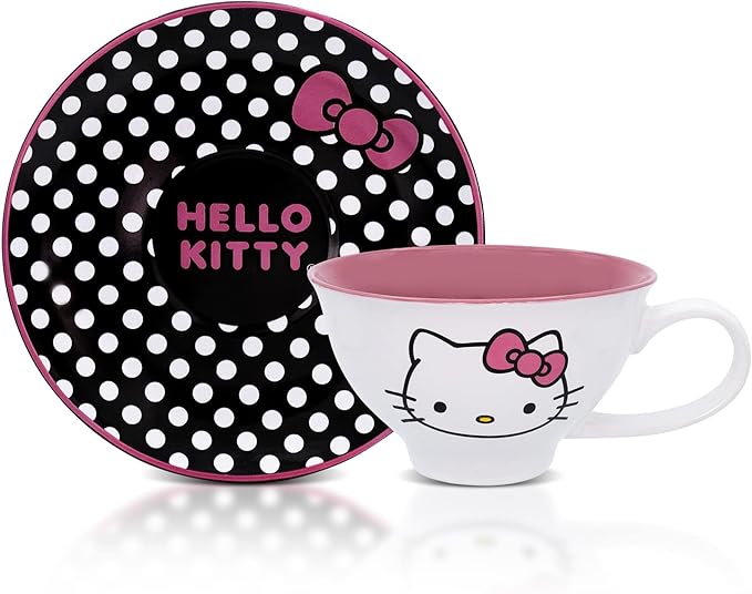 Silver Buffalo Sanrio Hello Kitty 12-ounce Ceramic Teacup and Saucer Set | Tea Party Gift Set For Coffee, Espresso