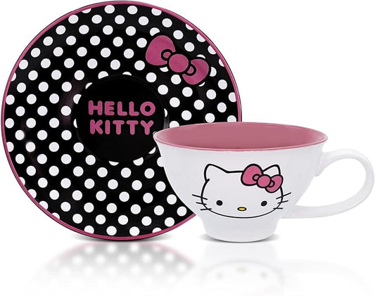 Silver Buffalo Sanrio Hello Kitty 12-ounce Ceramic Teacup and Saucer Set | Tea Party Gift Set For Coffee, Espresso