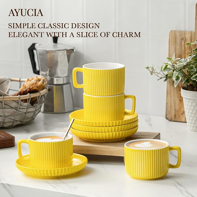 8 Ounce Cappuccino Cups Set of 4, Latte Mugs with Saucers and Spoons, Yellow Ceramic Coffee Mugs Tea Cups for Cappuccino Latte Mocha Au Lait Macchiato Cafe