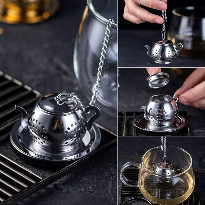 4Pcs Tea Balls for Loose Leaf, Stainless Steel Tea Infusers for Loose Tea, Tea Strainers with Chain Hook and Saucer (Silver)