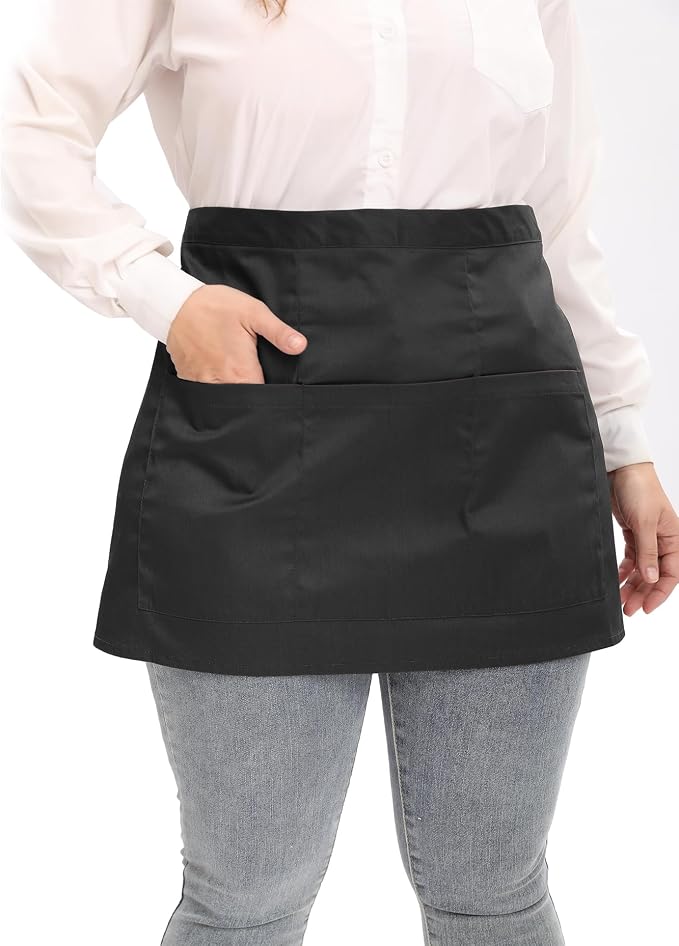 Server Aprons Large Size W 3 Pockets - Half Waist Apron in Black for Women Men - Image 2