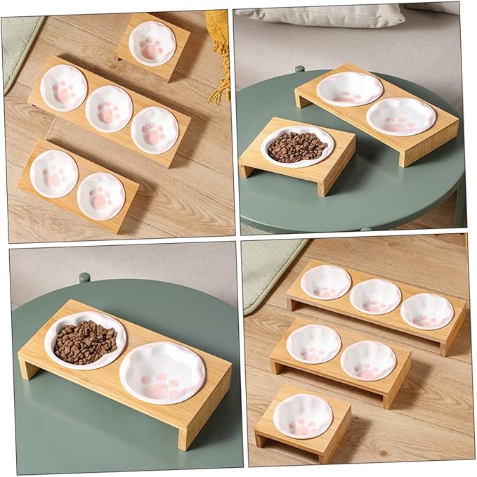 Milisten Elevated Cat Bowl Whisker-Friendly Bamboo Stand Ceramic Pet Feeding Bowl for Kitten Vomiting Relief