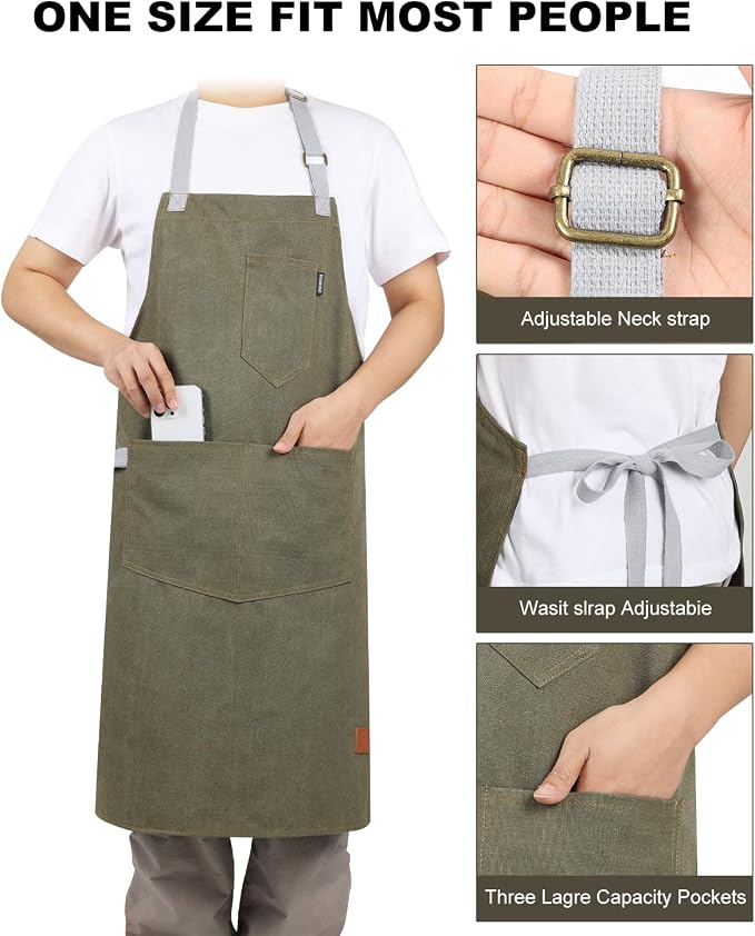 Chef Apron w/Pockets, Adjustable Strap for Cooking & Gardening | Equipped with 3 Large Multi-use Pockets, Wear-Resistant Fabric, Easy Clean, Ideal for BBQ Baking Craft for Men Women - Image 2