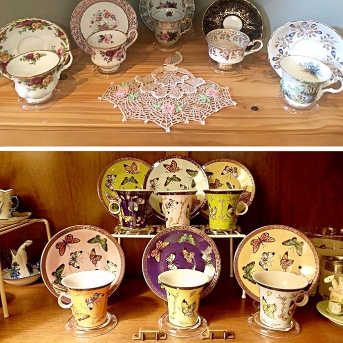 Hipiwe Acrylic Tea Cup Saucer Display Stands Clear Dinnerware Display Easel Stand Teacup Sets Plate Holder,Pack of 8 (8pcs,Short Legs)