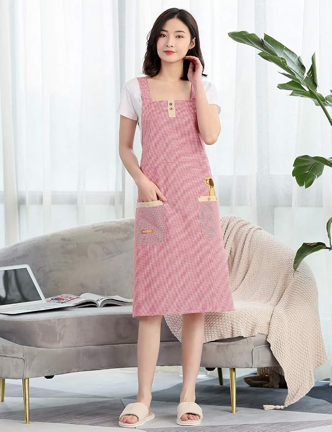 NEWGEM 100% Cotton Cute Gingham Apron with Pockets - Korean Style H-Back Pinafore for Women Baking, Pastry Chef (Pink Doggy) - Image 2