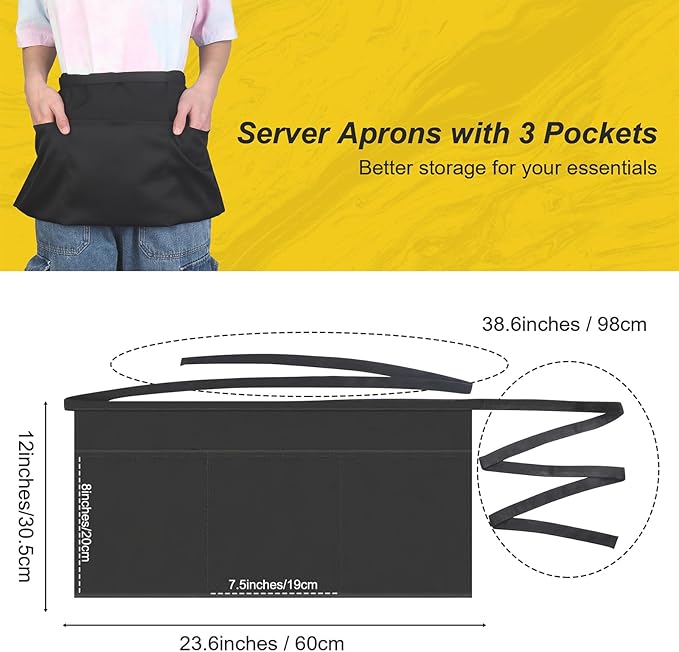 Server Waitress Waist Apron - Half Apron with 3 Pockets,Black Short Aprons for Servers,Waiter Apron