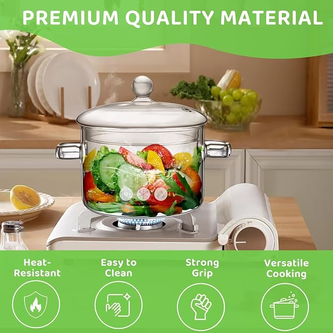 Glass Pots for Cooking on Stove, 1.5L/50oz Glass Cooking Pot with Lid, Heat-Resistant Simmer Pot for Stove Potpourri, Saucepan Pot FIts for Cooking, Soup, Milk, Tea.