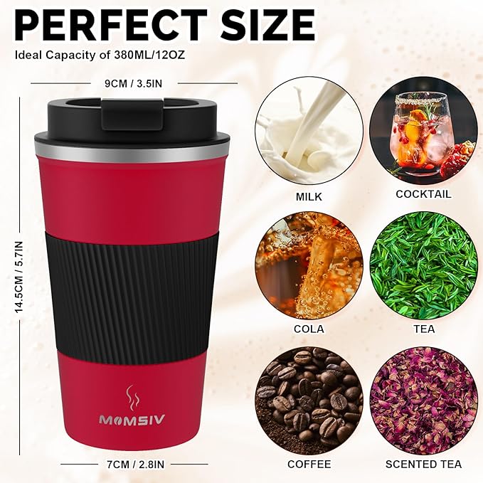 MOMSIV 12oz Travel Mug, Insulated Coffee Cup with Leakproof Lid, Vacuum Stainless Steel Double Walled Reusable Tumbler for Hot and Cold Water Coffee and Tea In Travel and Car
