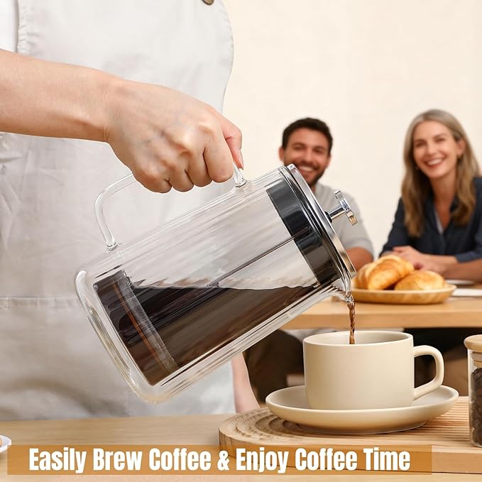 Glass French Press Coffee Maker 34oz, Double Wall Heat-Resistant Borosilicate Glass Coffee Press with Stainless Steel 4-Level Filtration, Also Fit for Tea