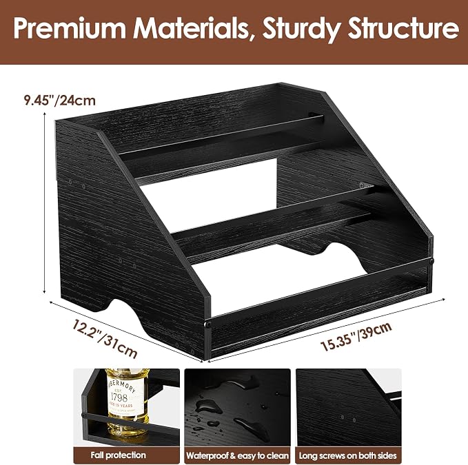 Nuovoware Liquor Bottle Display Shelf, 3 Step Countertop Liquor Wine Rack, Home Retro Shelf Stand for Mini Bar, Cabinet, Bar Essentials for Whiskey, Spirits, Coal Black - Image 3