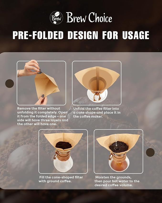 100ct Pre-folded Unbleached Cone Coffee Filters, Upgraded 30% Thicker Natural Paper for Pure Taste, Compatible with Chemex Pour-Over Coffee Makers