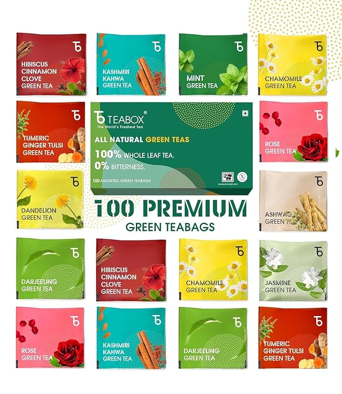 Teabox Premium Darjeeling Green Tea Sampler Bags 100pcs (10pcs X 10 Herbal flavors) | 100% Natural & 0% Bitterness | Sourced Directly From The Himalayas