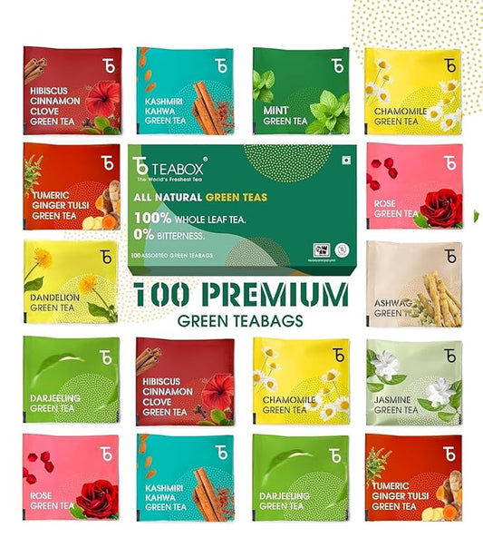 Teabox Premium Darjeeling Green Tea Sampler Bags 100pcs (10pcs X 10 Herbal flavors) | 100% Natural & 0% Bitterness | Sourced Directly From The Himalayas
