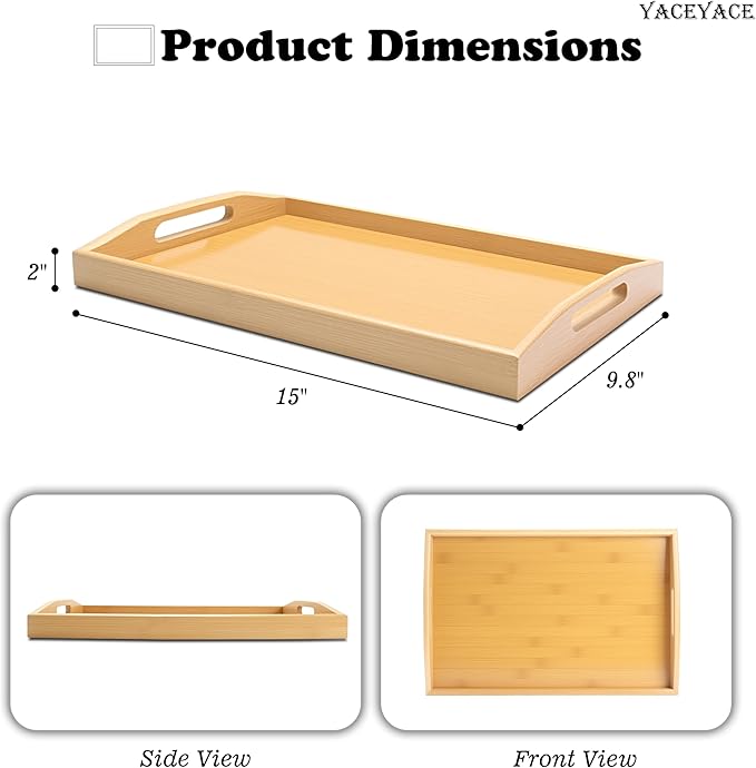 Ottoman Tray for Living Room, 15"x9.8"x2", Small Bamboo Serving Tray with Handles, Trays for Ottoman, Breakfast, Dining, Bar, Bathroom