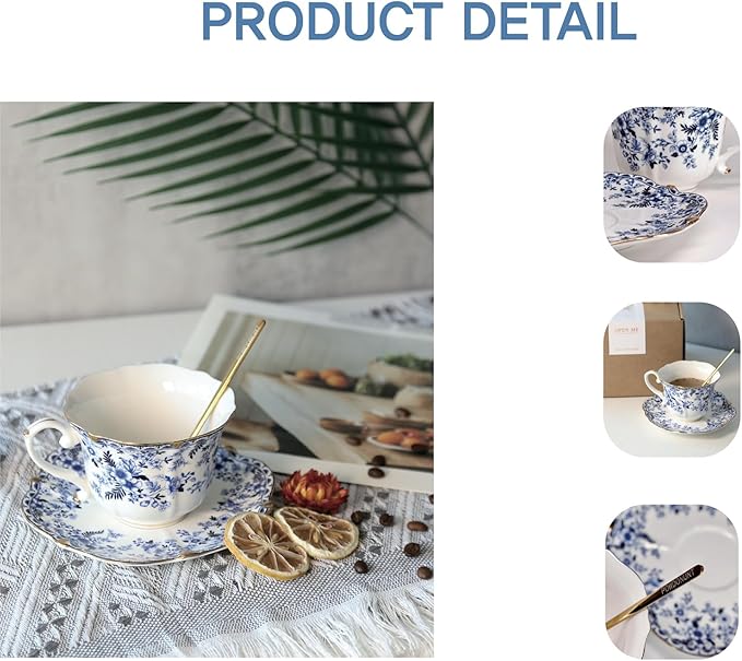 Vintage Floral Porcelain Tea Cup and Saucer Set with Spoon, Gold Trim, 6.4 oz – Set of 2, Blue – Tea & Espresso & Coffee Cups (2, China Flower)