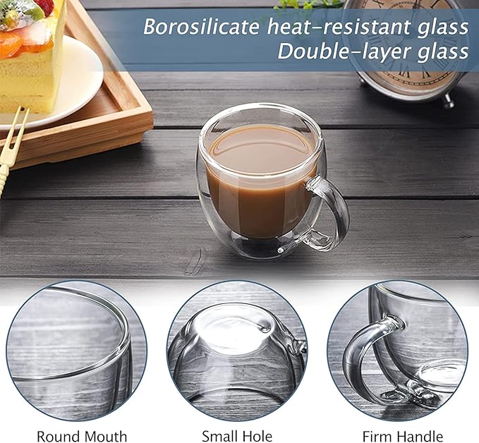 8 oz Double Walled Glass Coffee Mugs, Clear Glass Mug Set of 4, Insulated Borosilicate Glass Coffee Cups with Handle, Espresso Mugs for Cappuccino, Latte, Tea, Hot/Cold Drink