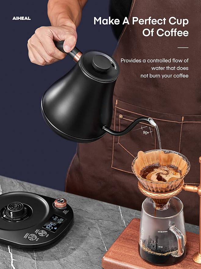 Electric Gooseneck Kettle Temperature Control, Pour Over Electric Kettle for Coffee and Tea, 100% Stainless Steel Inner, 1200W Rapid Heating, 0.8L, Built-in Stopwatch, Matte Black