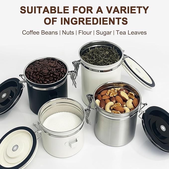 1.2L Airtight Vacuum Coffee Canister, Stainless Steel Storage Container for Coffee Beans and Grounds with Scoop.Suitable for coffee powder, coffee beans, rice, tea leaves, sugar, flour, and grains