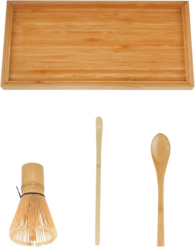 BambooMN Chasen (Tea Whisk) + Chashaku (Hooked Bamboo Scoop) for preparing Matcha + Tea Spoon + Tea Serving Tray