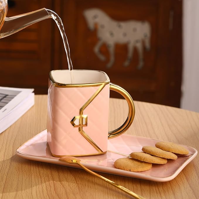 Handbag Shaped Mug, Handbag Coffee Mug And Saucer, Purse Coffee Ceramic Mug Set 10 Oz/ 310 ml Cute Creative Design Travel Tea Cup for Women Thanksgiving