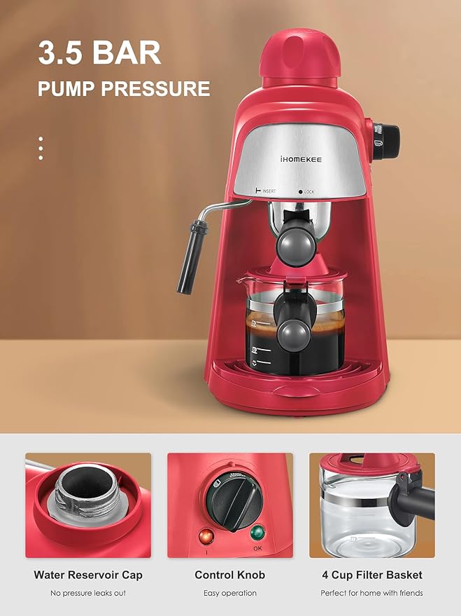 Espresso Machine, 3.5Bar Espresso and Cappuccino Machine with Preheating Function, 4 Cup Coffee Maker with Milk Frothing Function and Steam Wand (Red), CM6810