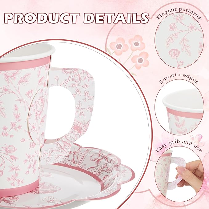 100 Sets Pink Floral Paper Tea Cups and Saucers Disposable Paper Tea Party Supplies 9 oz Cups with Handle and Saucer for Birthday Wedding Party Decorations
