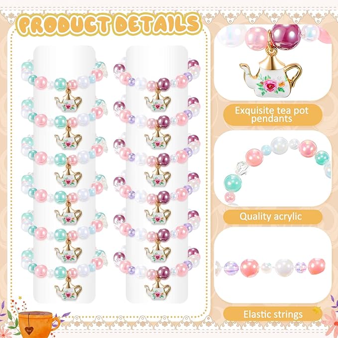 Ecally 24 Pcs Tea Party Favors Bracelet Bulk Tea Pot Beaded Bracelet Party Supplies Pendant Accessories Decorations for Kids Girl