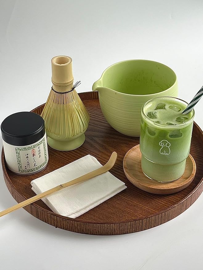 Matcha Whisk Set, Ceramic Matcha Bowl & Whisk Holder, Bamboo Accessory, Modern Design (Matte Crème, Pouring Spout) (Mint Green)