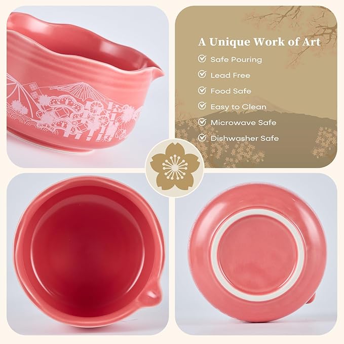 Matcha Whisk Set With Japanese Culture Design, Red Matcha Bowl Set and Whisk Holder, Ceremonial Tea Serving Gift Kit