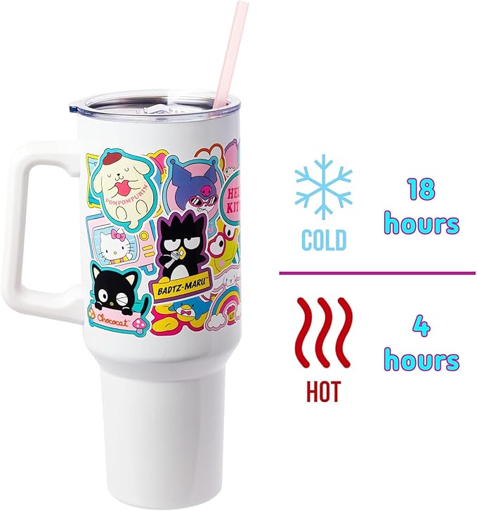 Silver Buffalo Sanrio Hello Kitty & Friends Cinnamoroll, Kuromi, Chococat, Badtz-Maru, Keroppi, Sticker Double Walled Stainless Steel Tumbler w Handle and Straw, Fits in Standard Cup Holder, 40 Ounces