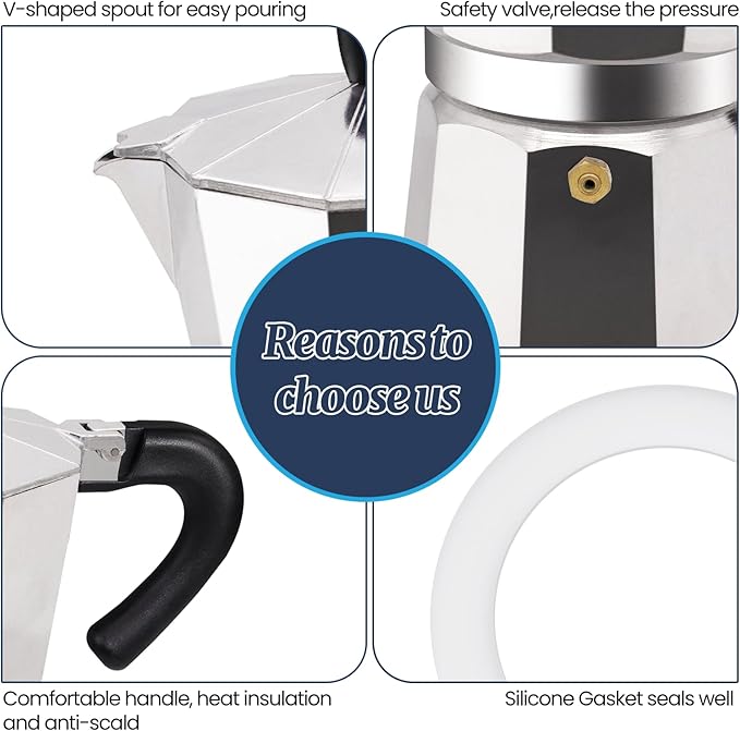 6 Cup Moka Pot Aluminum 300ml Italian Coffee Maker Stovetop Espresso CoffeeMakers Mocha Pot Percolator for Electric Ceramic Stove Classic Greca Cafe Makers Portable for Easy Brewing