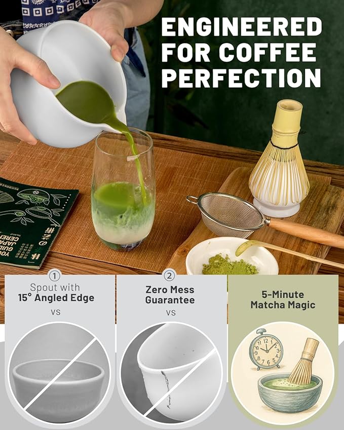 Nucookery Matcha Whisk Set - 5 Pcs Matcha Set with 18oz Ceramic Matcha Bowl (Chawan) with Spout, Bamboo Whisk & Holder, Scoop and Sifter | Complete Matcha Kit for Japanese Tea Ceremony (White)