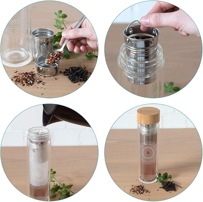 Navaris Glass Water Bottle with Tea Infuser - Double Walled Borosilicate Glass Travel Tumbler with Bamboo Lid and Non Slip Gray Neoprene Sleeve - 17oz