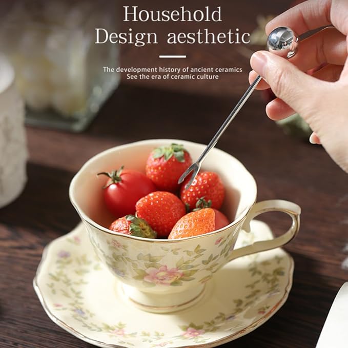 8 oz Vintage flower Ceramic cup and 6" saucer set with Brand customized stainless steel spoon Gifts for Afternoon Tea Coffee Hour (D)