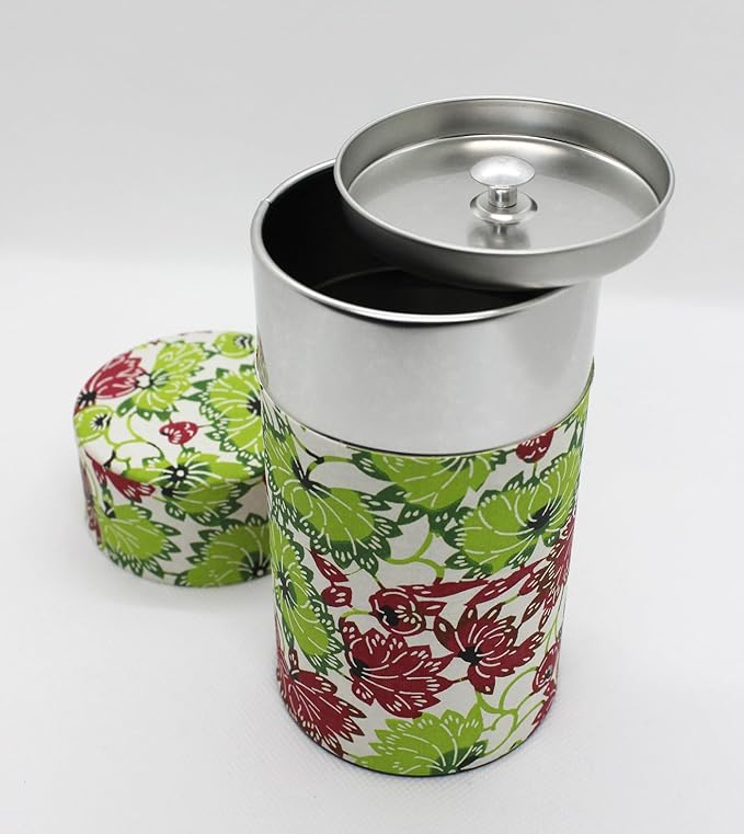 Japanese Pokkan Matcha Coffee Spice Tea Tin Canister Washi Paper Storage with Lid 7.05 oz Capacity (Natsuhana)