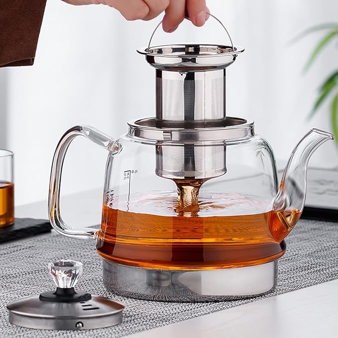Induction Cooker Special Glass Teapot, Heat Resistant Borosilicate Glass Teapot With Stainless Steel Inner Filter for Loose Tea,tea Kettle Stovetop Clear Glass Flowe A-1.4L