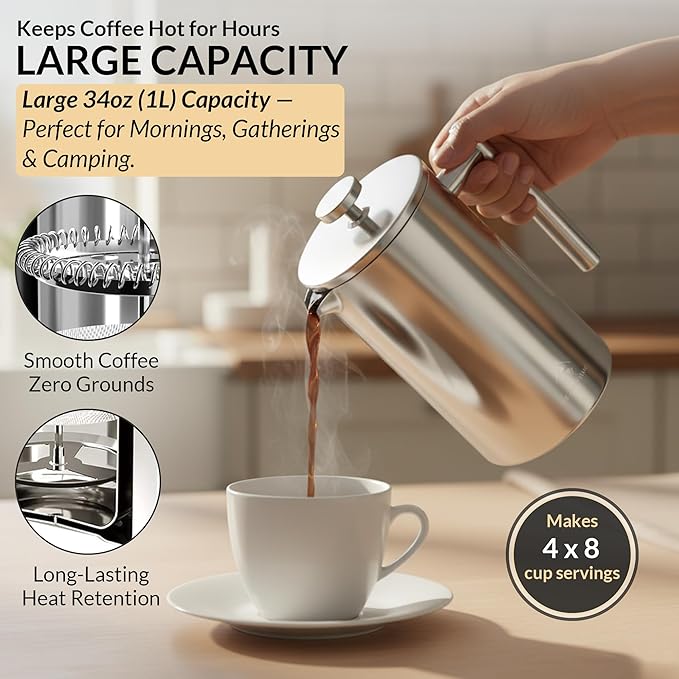 French Press Coffee Maker 304 Stainless Steel 34 Oz Large Double-Walled Insulated French Press 3 Level Filtration System For Kitchen, Camping & Gifting in Premium Box - Dishwasher Safe