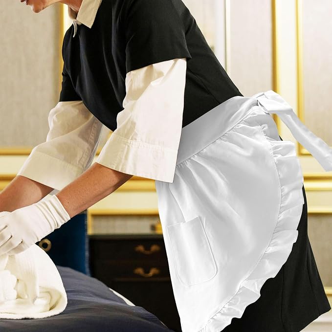 White Maid Apron for Women Cotton Waist Half Maid Costume Victorian Retro Ruffled Kitchen Cute Vintage Party Cosplay - Image 2
